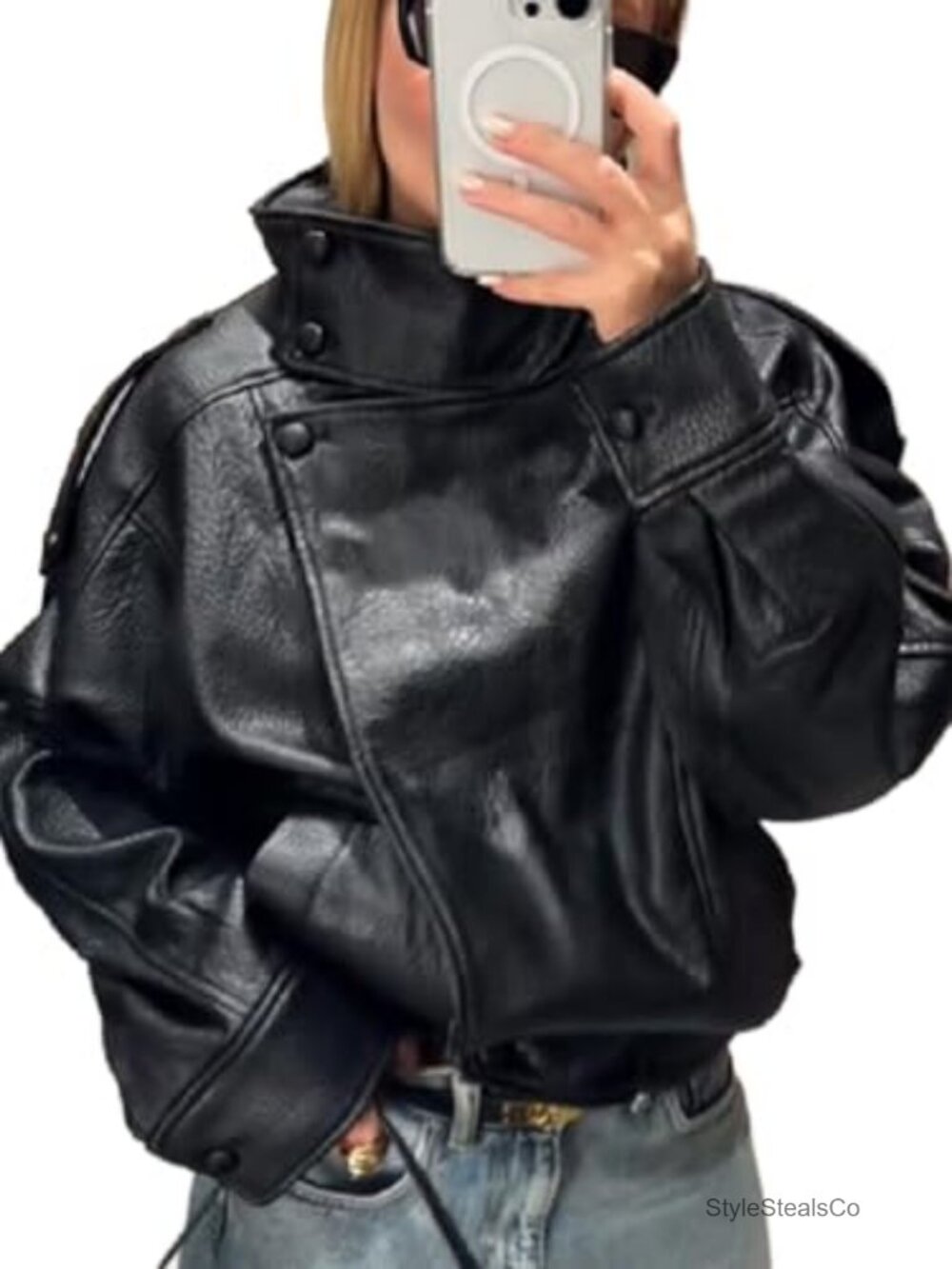 Faux Leather Jacket for Women Lychee Texture Stand-Up Collar Long Sleeves